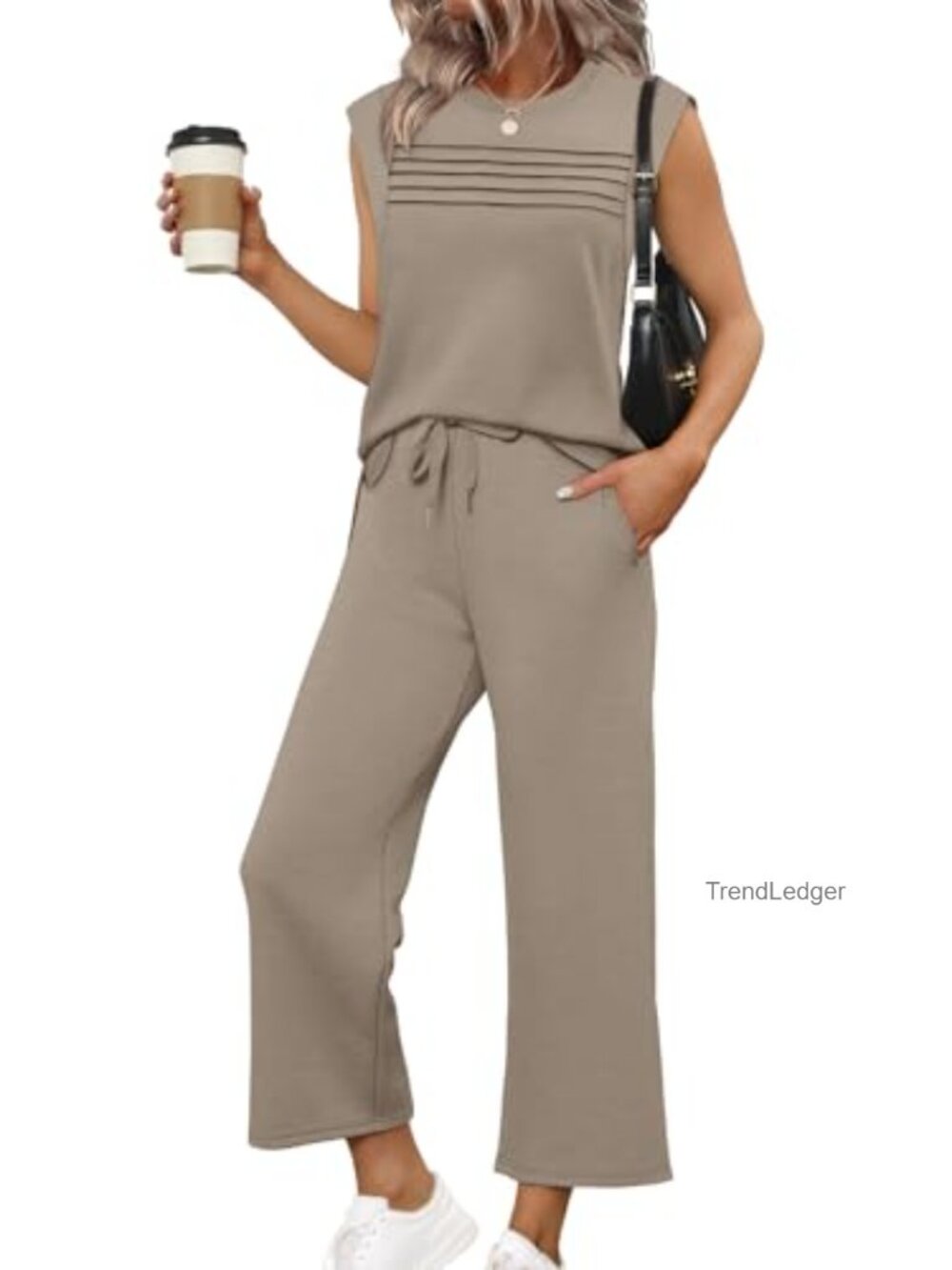 WIHOLL Two Piece Lounge Set Cap Sleeve Wide Leg Crop Pants Travel Vacation